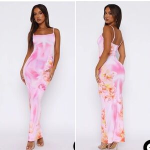White fox floral maxi dress feeling the heat small tropical flower pink maxi